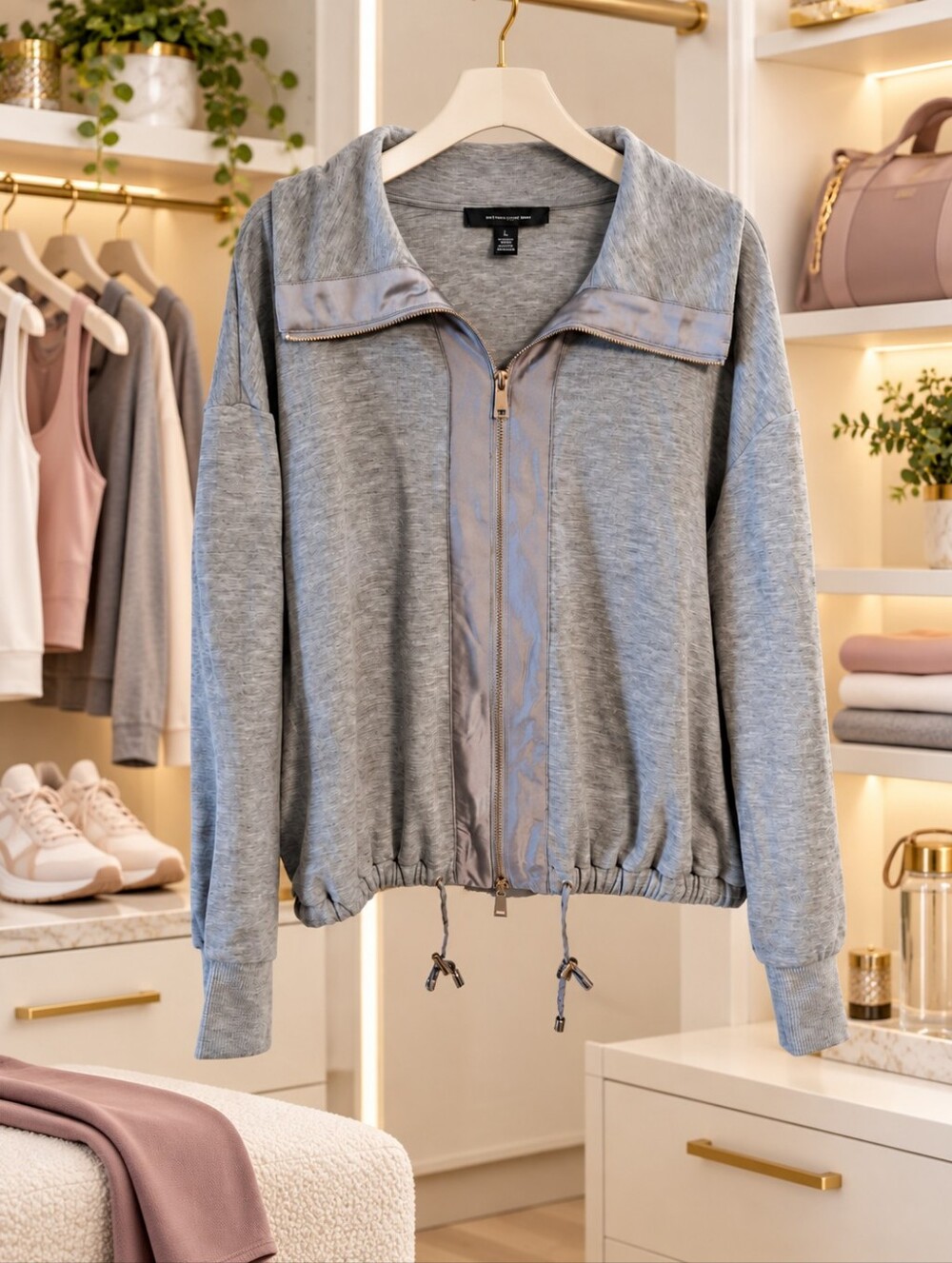 White House Black Market L Gray Satin Feel Trim Dual Zip Athleisure Jacket
